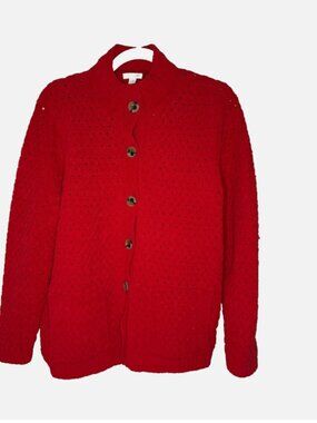 J. Jill Red Textured Cardigan Sweater Petite Medium Button Front Cozy Knit Women